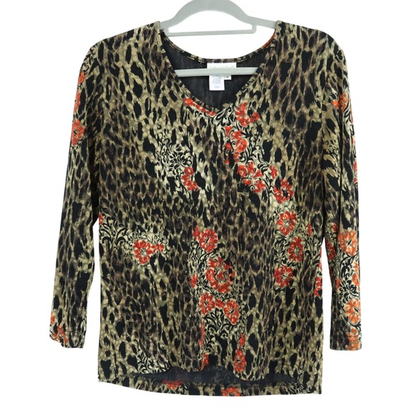 Coldwater Creek Tops - Coldwater Creek Leopard Black Red BrownFloral Top 3/4 Sleeve Size M Boho Chic